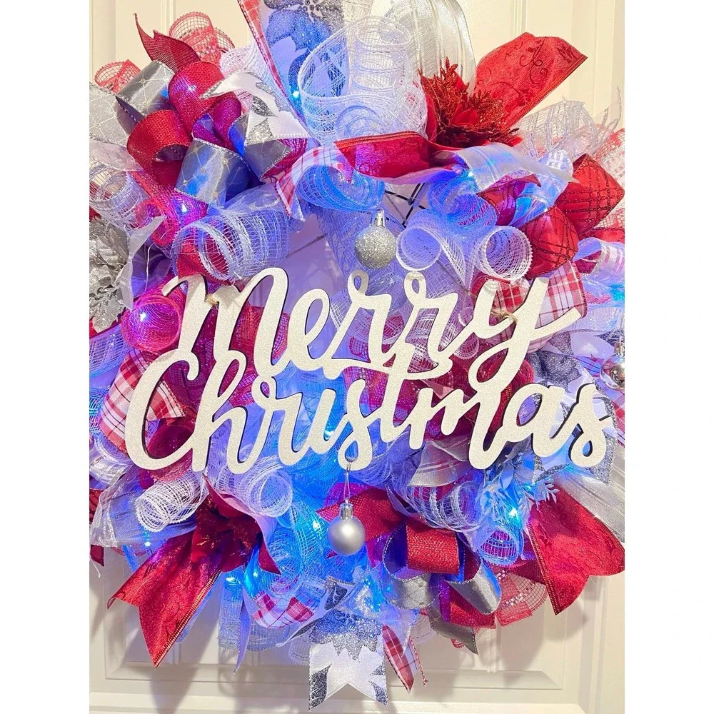 Christmas Poinsettia Holiday Ribbon Door Wreath Handmade 22 ins LED W15